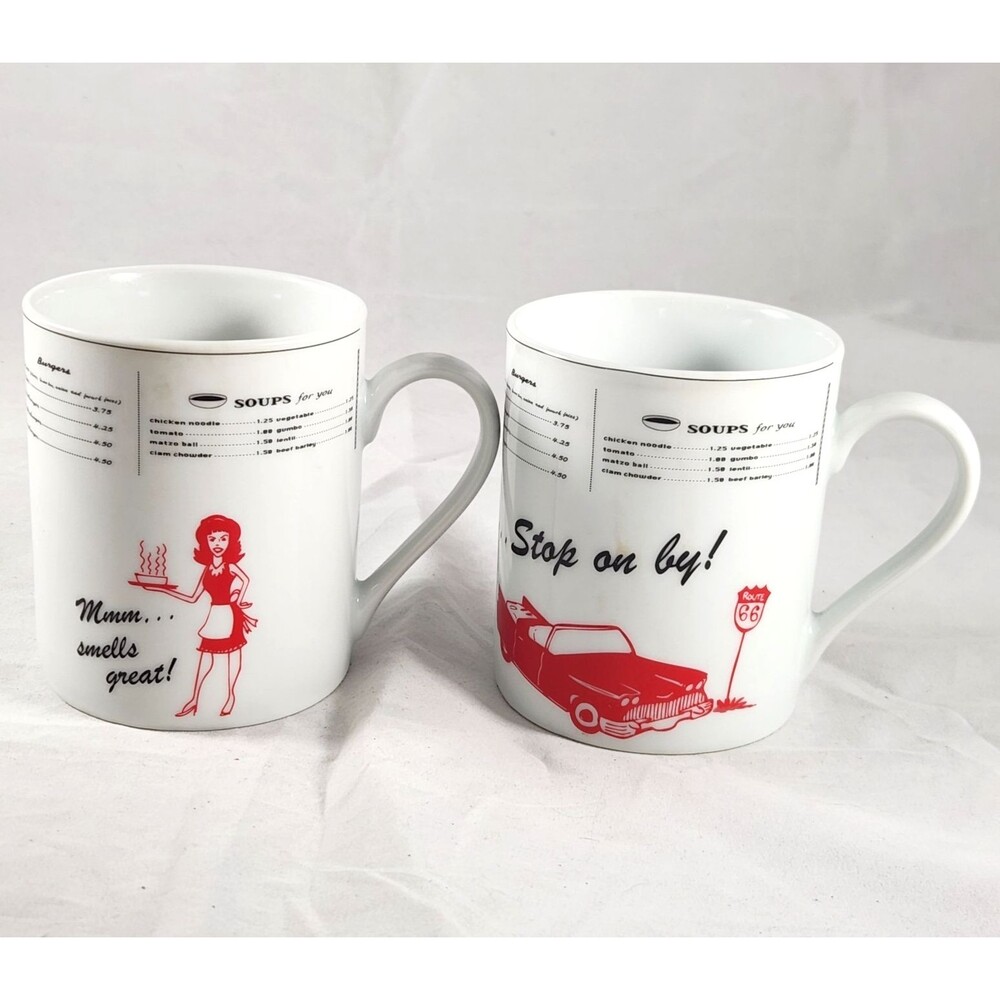 Set of 2 Godinger Route 66 Roadside Diner Coffee Mugs Stop on By Mmm Smells Grt!